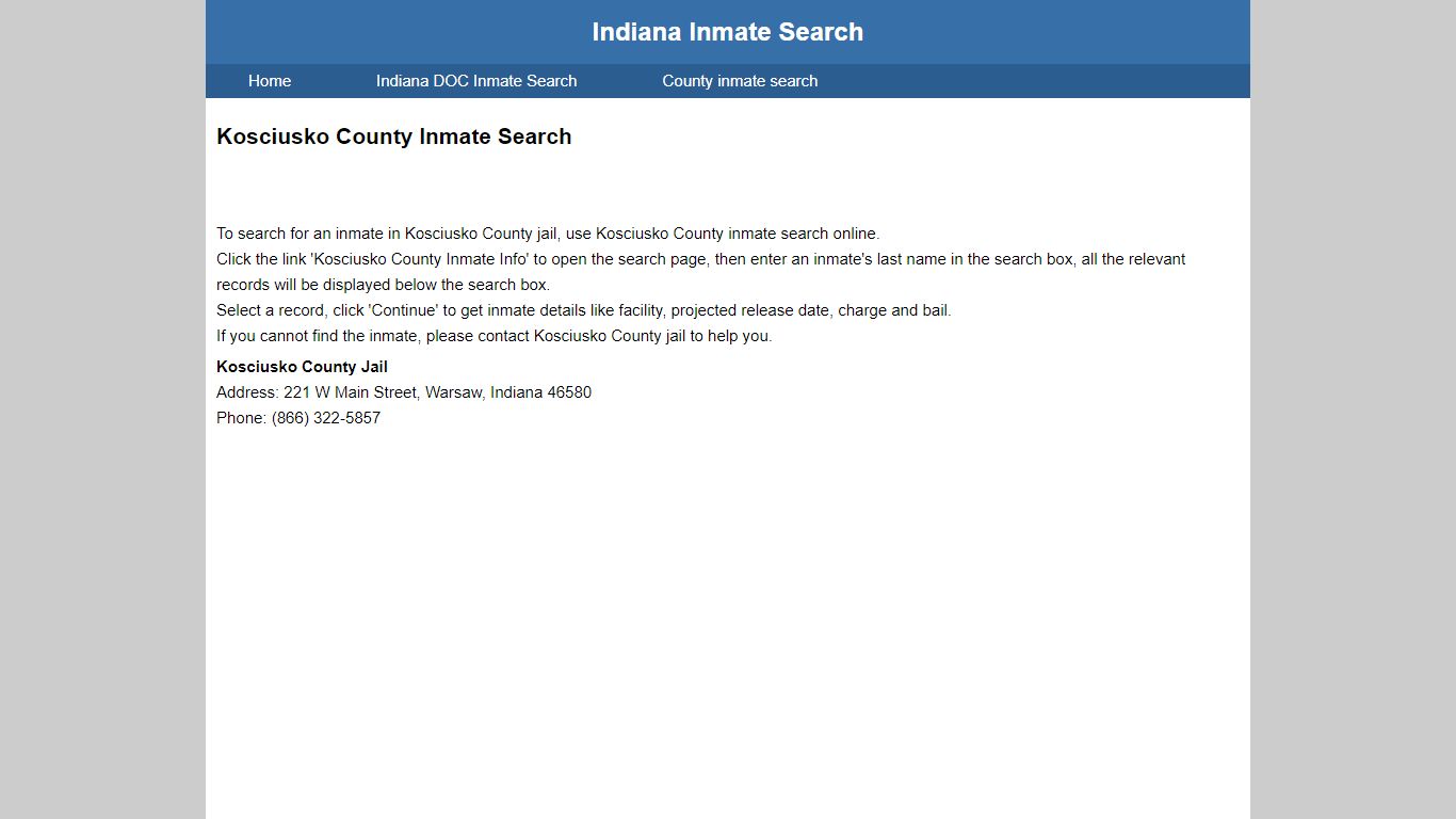 Kosciusko County Jail Inmate Search - Indiana Inmate Search