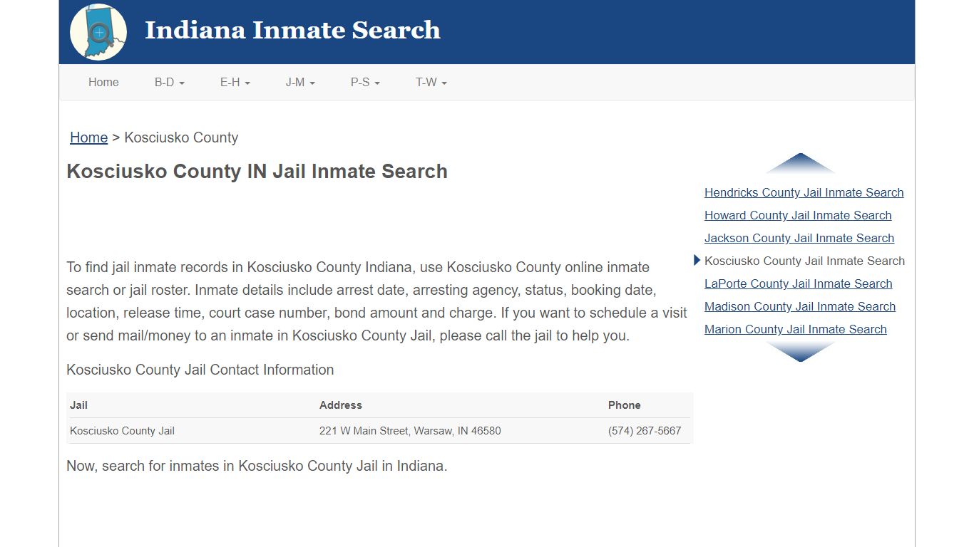 Kosciusko County IN Jail Inmate Search